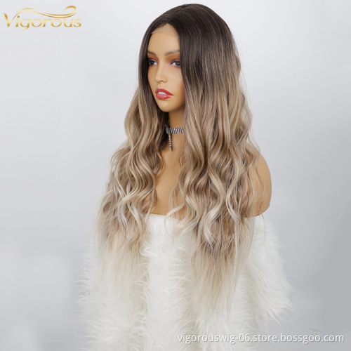 Top Quality Cheap Wholesale Vendor Heat Resistant Synthetic Fiber Lace Hair Wig Ombre Brown Dark Root Curly Long Body Wavy Women